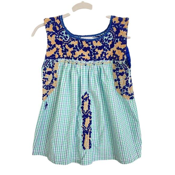 Mi Golondrina Flores Embroidered Mexican Top Blouse Blue Gingham Tuckernuck - Picture 1 of 4